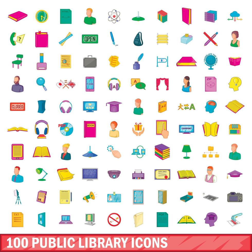 100 public library icons set, cartoon style vector