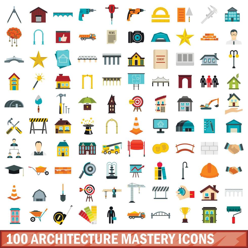 100 architecture mastery icons set, flat style vector