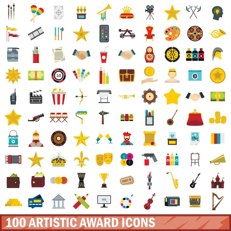 100 iconos de premios artísticos, estilo plano vector