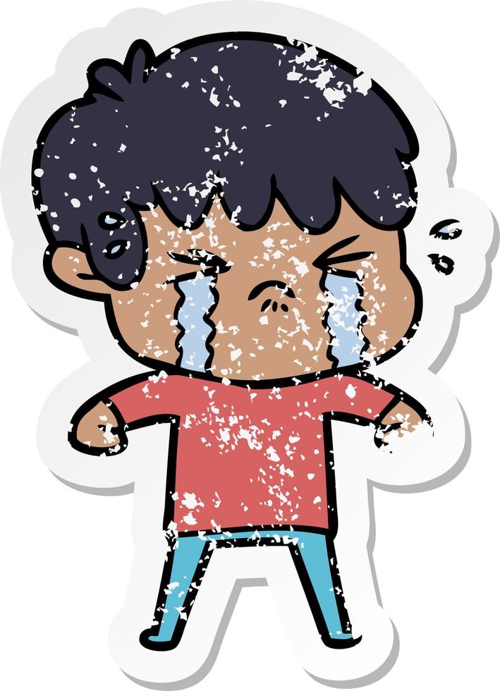 distressed sticker of a cartoon boy crying vector