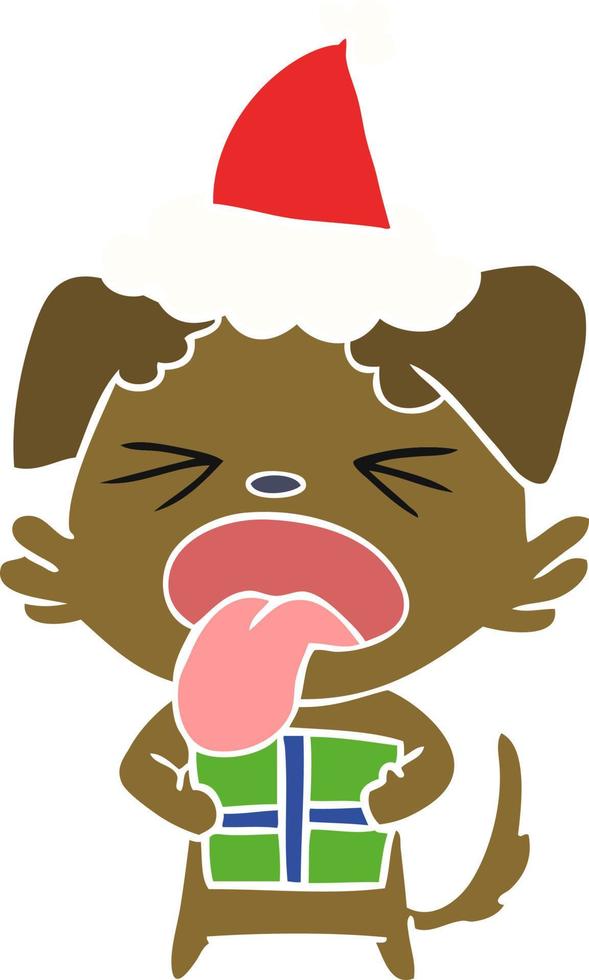 flat color illustration of a dog with christmas present wearing santa hat vector