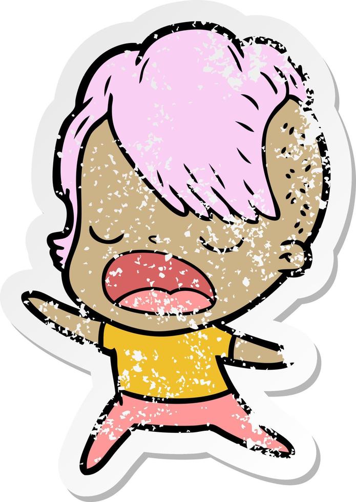 distressed sticker of a cartoon cool hipster girl talking vector