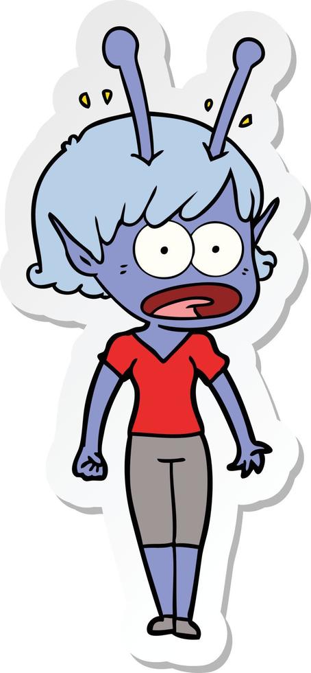 sticker of a cartoon shocked alien girl vector