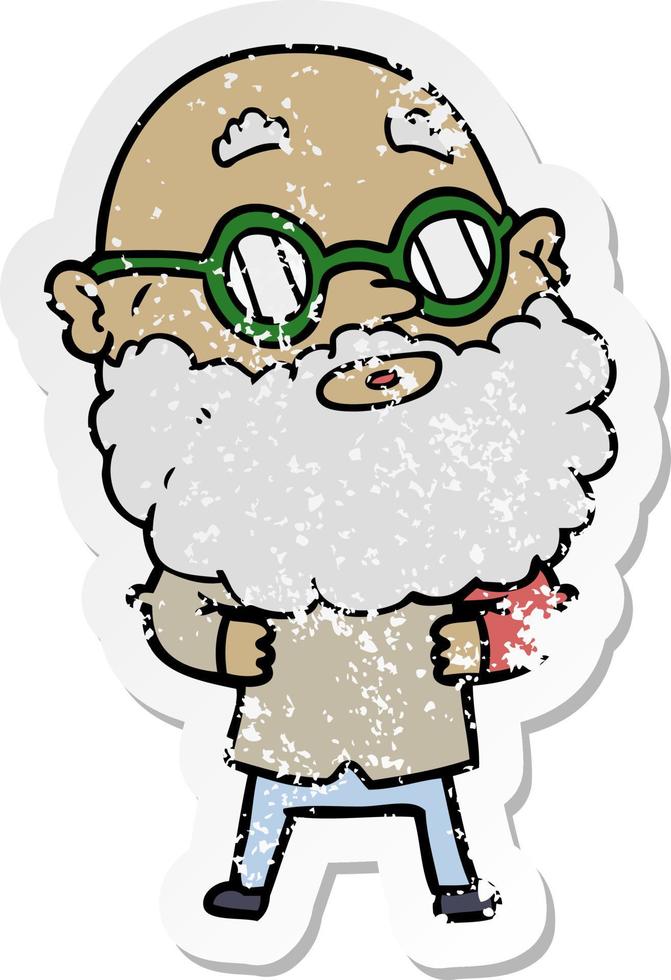 distressed sticker of a cartoon curious man with beard and glasses vector