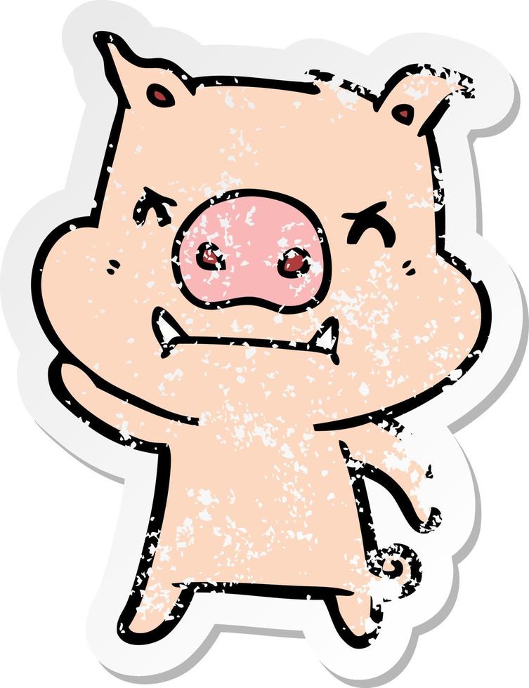 distressed sticker of a angry cartoon pig vector