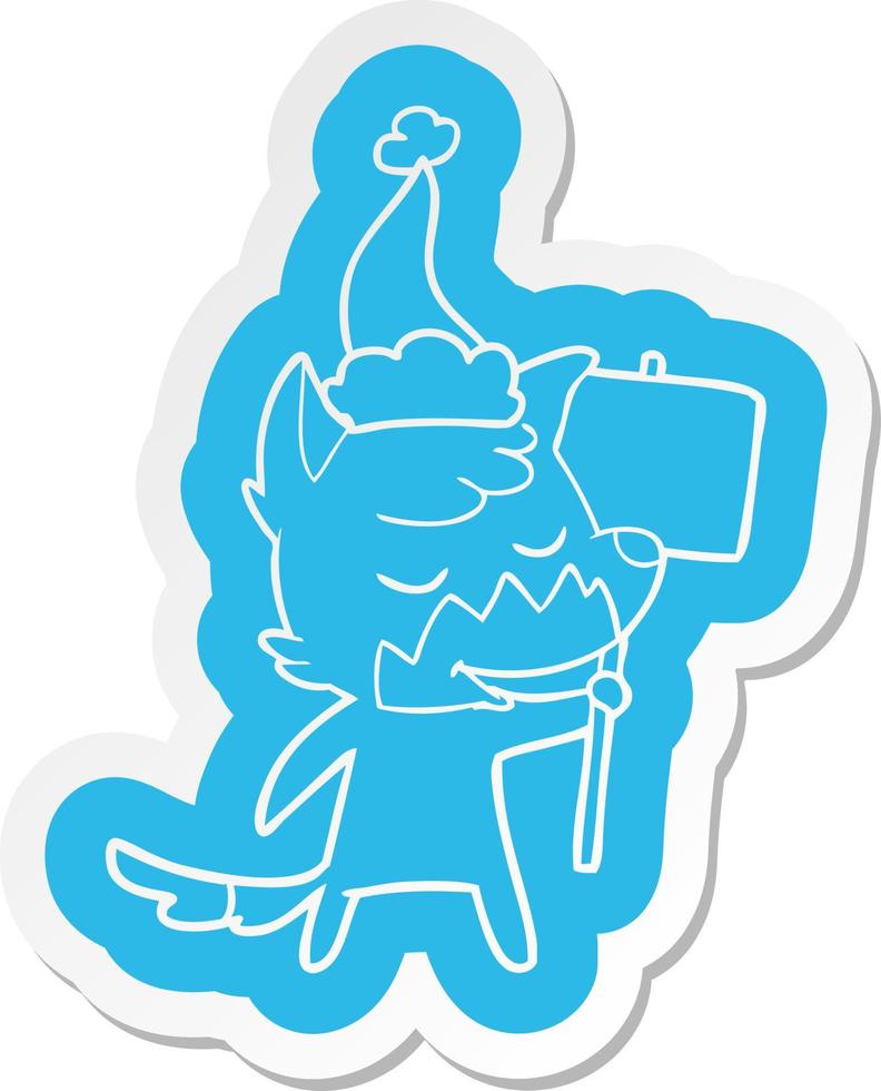 friendly cartoon  sticker of a fox wearing santa hat vector