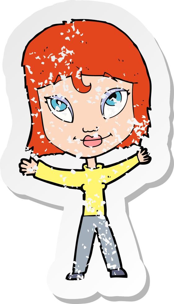 retro distressed sticker of a cartoon happy woman waving arms vector