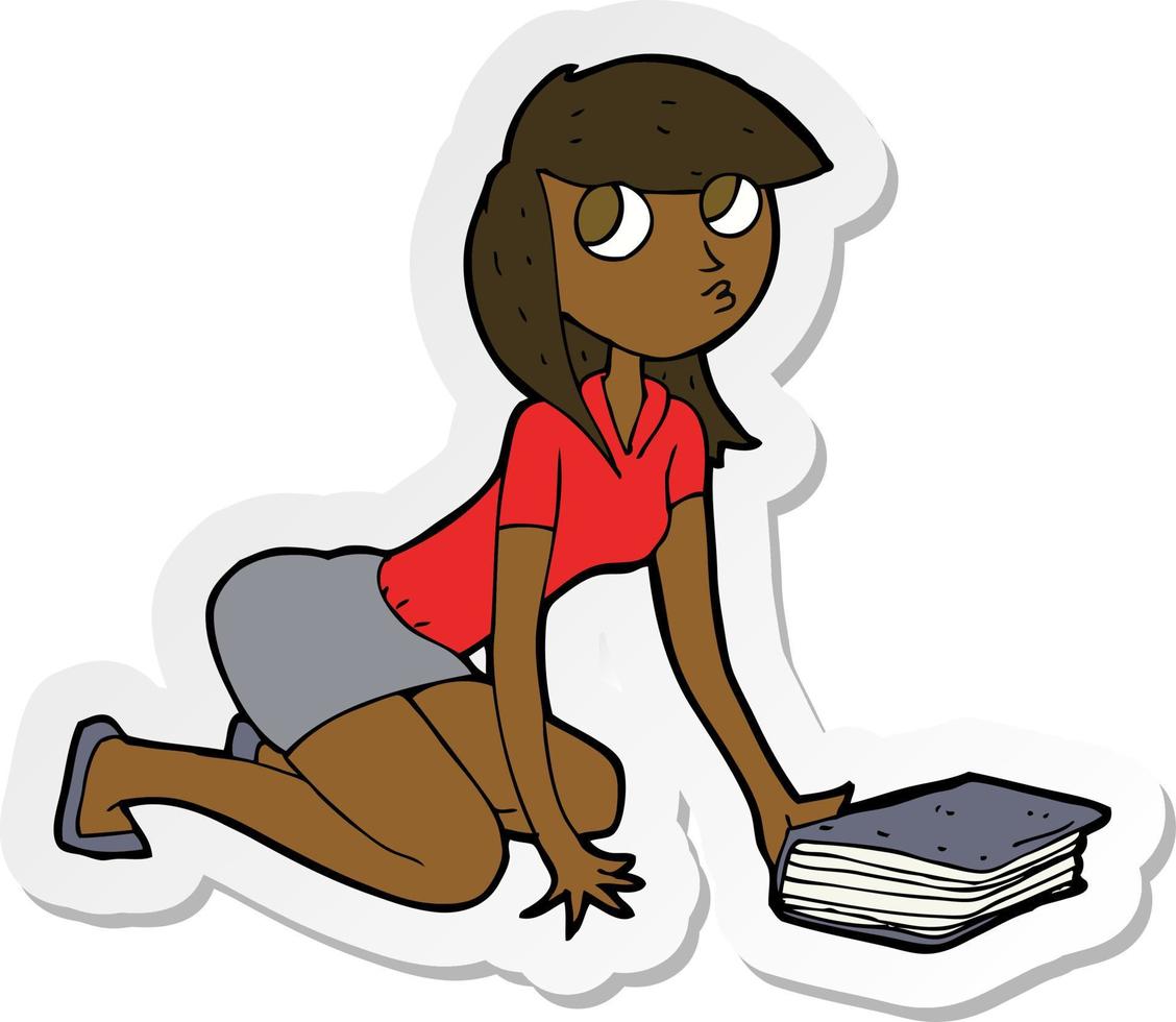 sticker of a cartoon girl picking up book vector