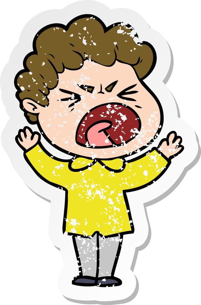 distressed sticker of a cartoon furious man vector