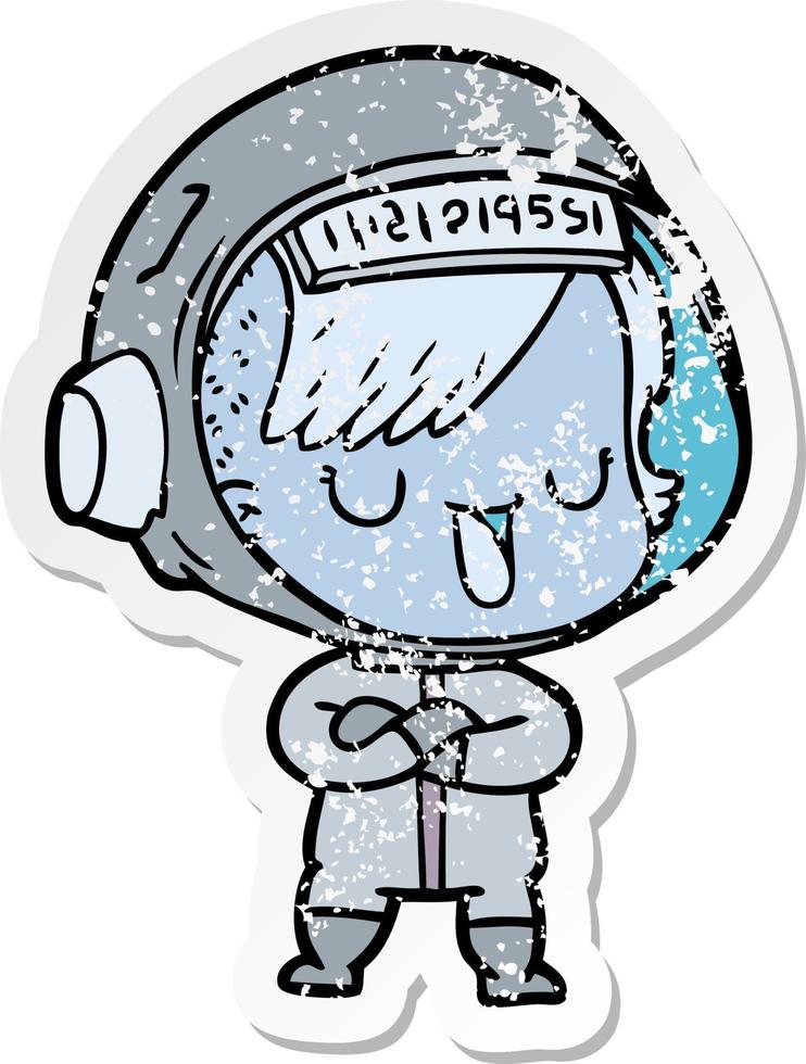 distressed sticker of a cartoon astronaut woman vector