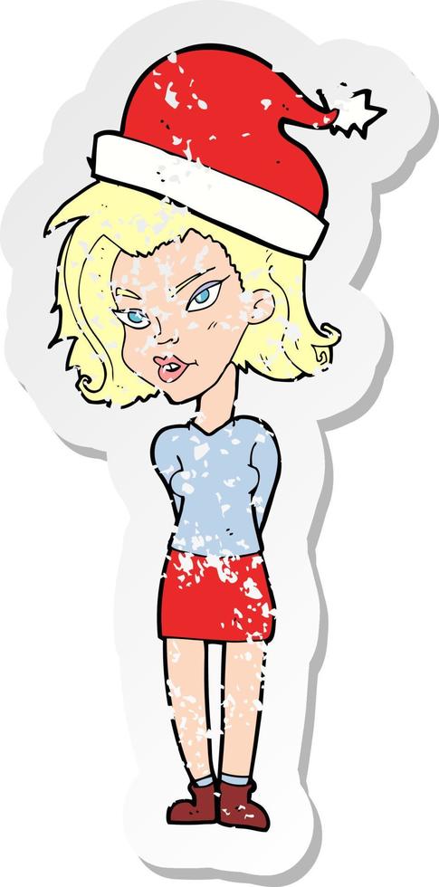 retro distressed sticker of a cartoon woman wearing christmas hat vector