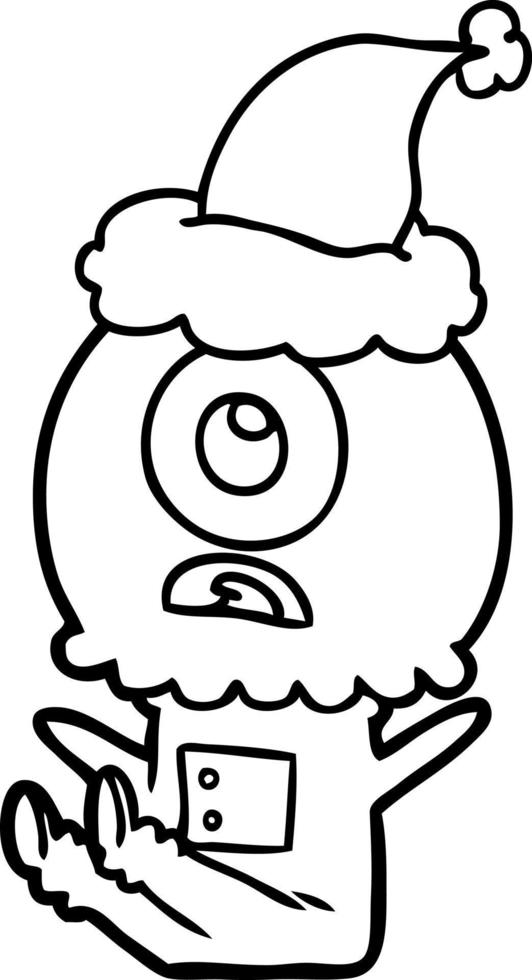 line drawing of a cyclops alien spaceman wearing santa hat vector