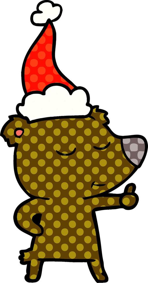 happy comic book style illustration of a bear giving thumbs up wearing santa hat vector