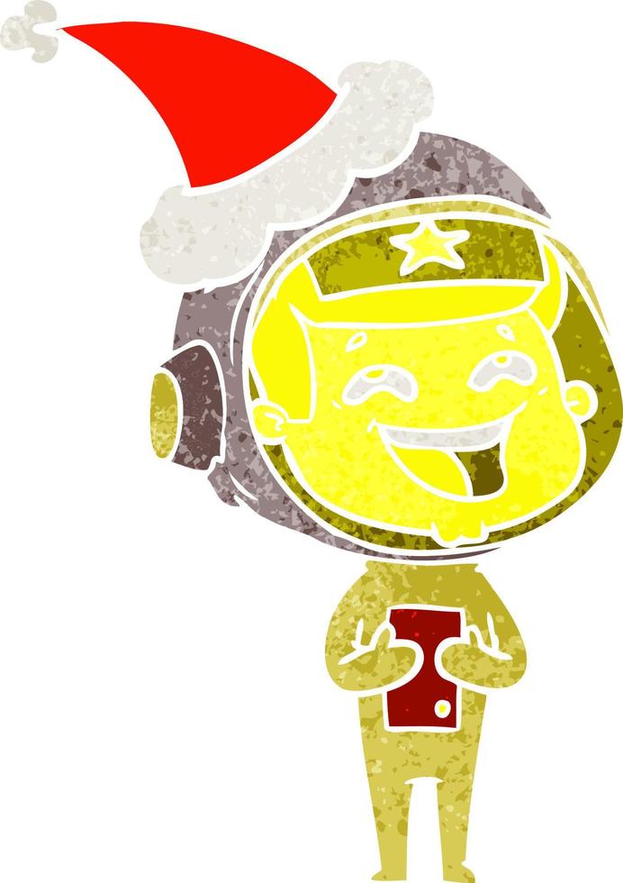 retro cartoon of a laughing astronaut wearing santa hat vector