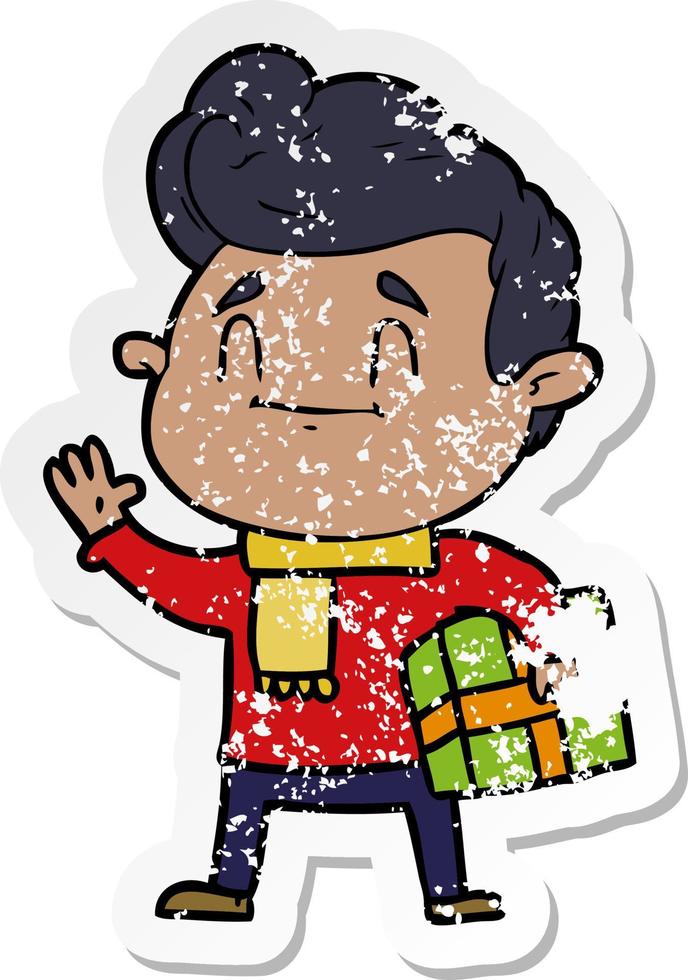 distressed sticker of a happy cartoon man with gift vector