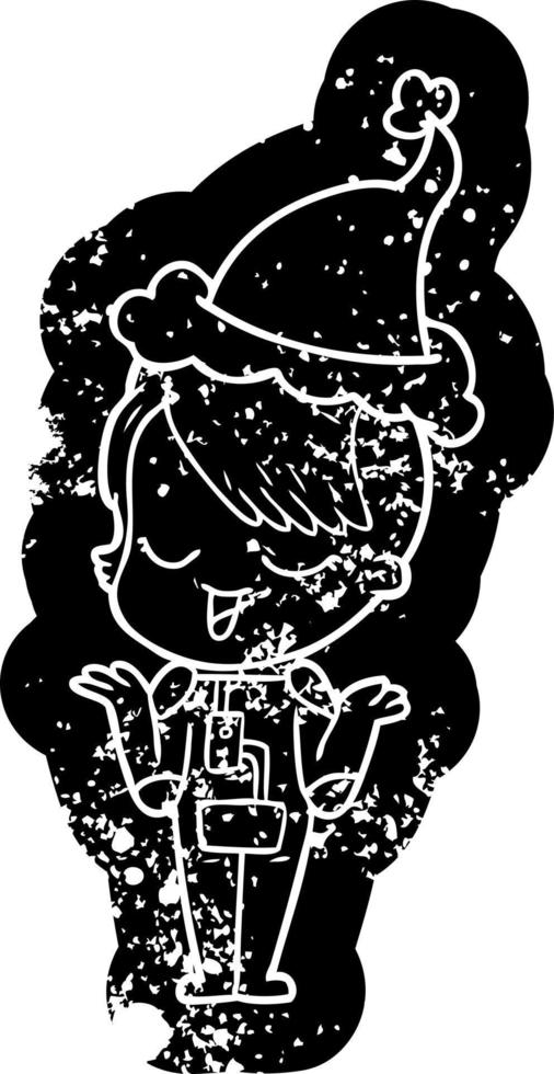 happy cartoon distressed icon of a girl in space suit wearing santa hat vector