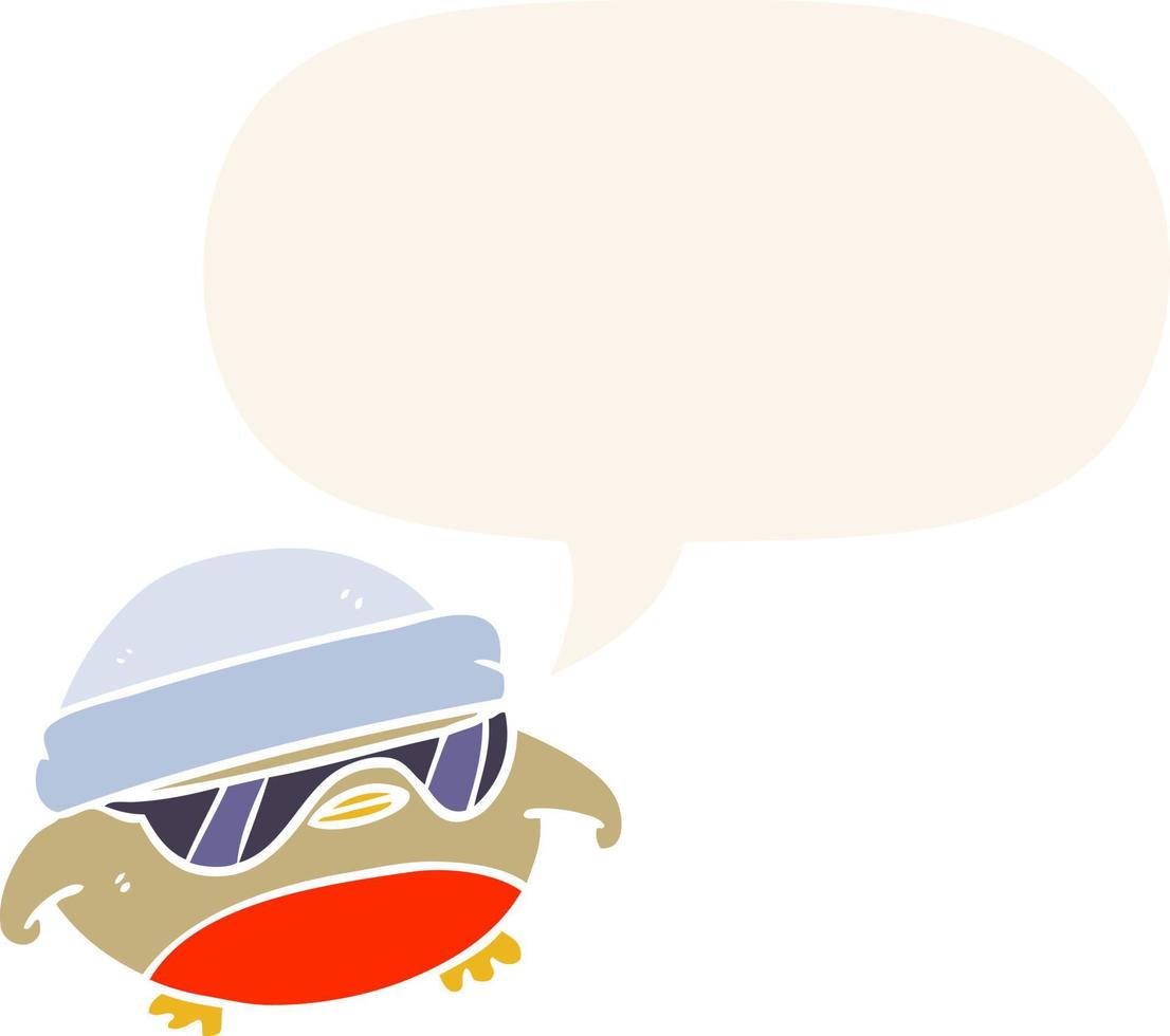 cool christmas robin cartoon and sunglasses and speech bubble in retro style vector