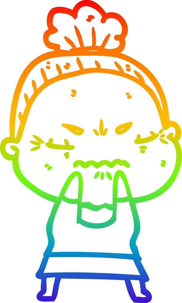 rainbow gradient line drawing cartoon annoyed old lady vector