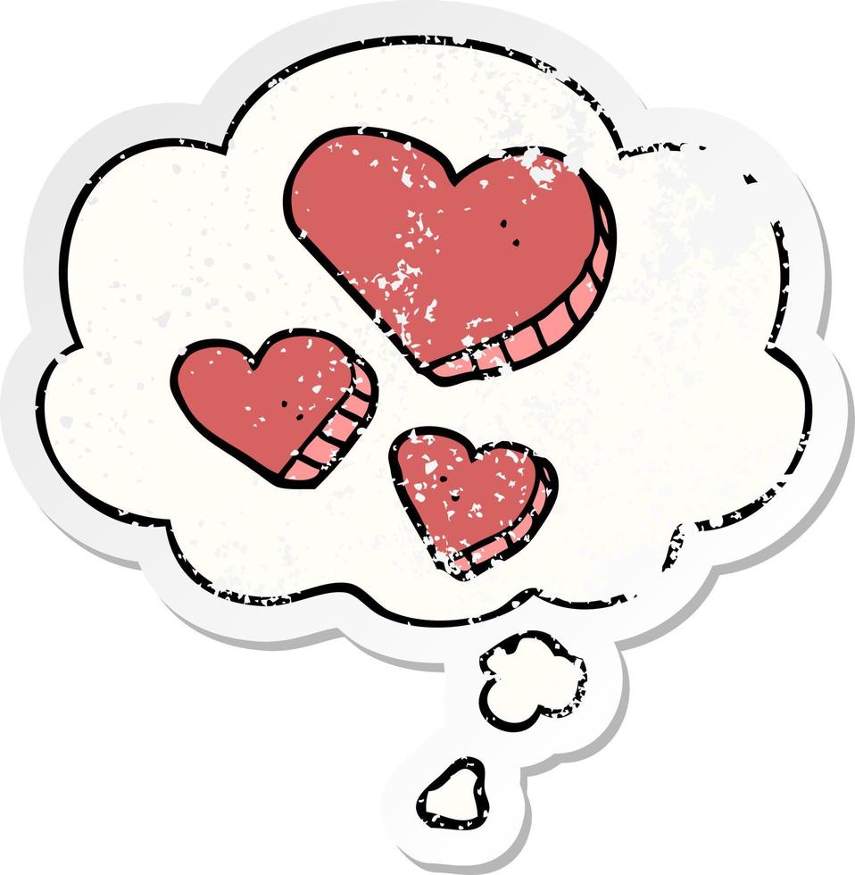 cartoon love hearts and thought bubble as a distressed worn sticker vector