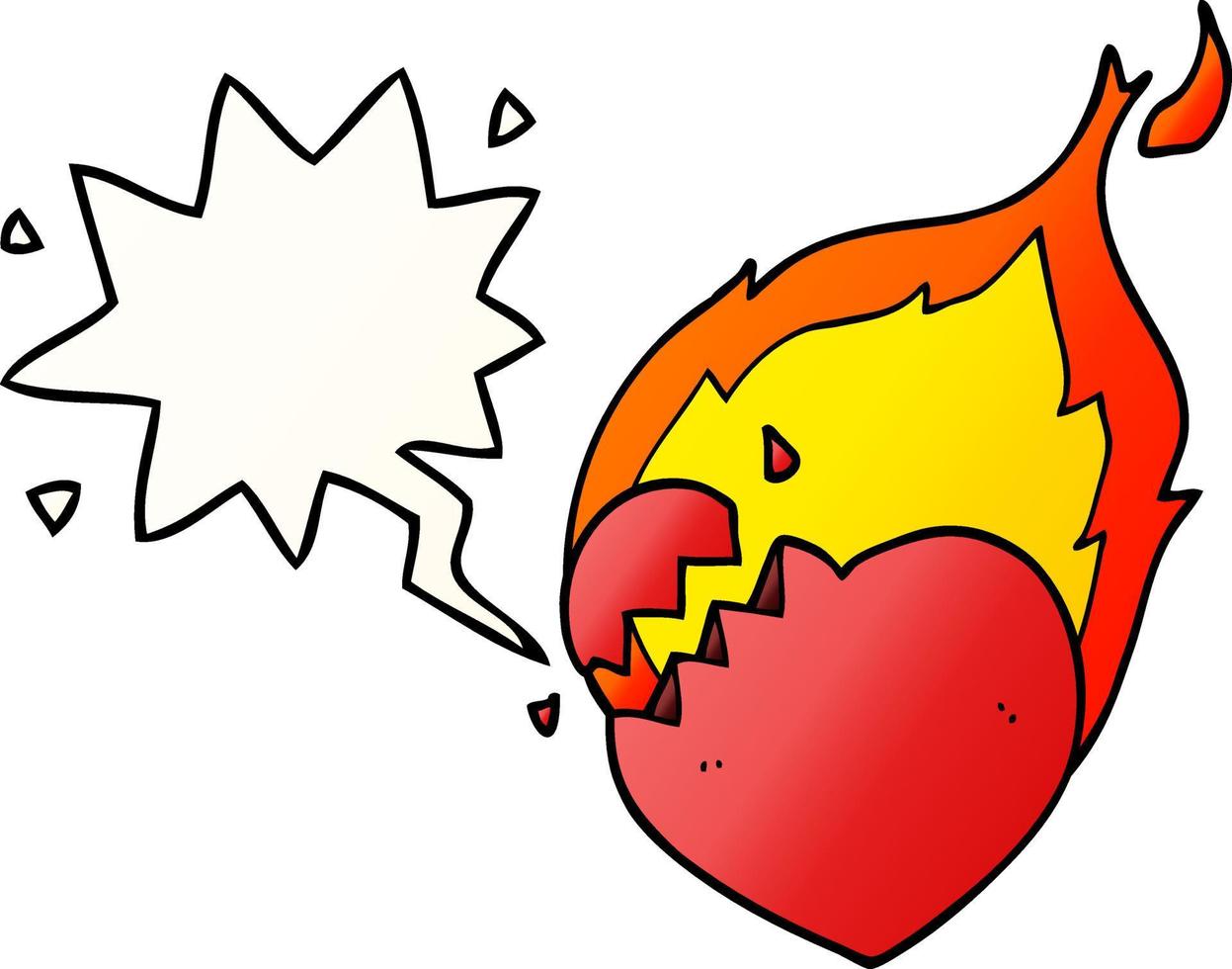 cartoon flaming heart and speech bubble in smooth gradient style vector