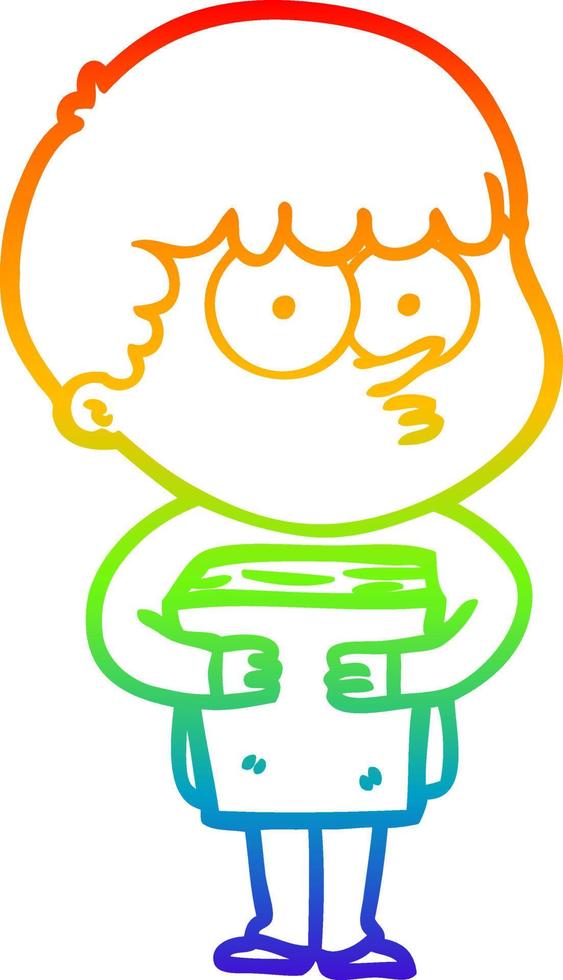 rainbow gradient line drawing cartoon curious boy holding a book vector
