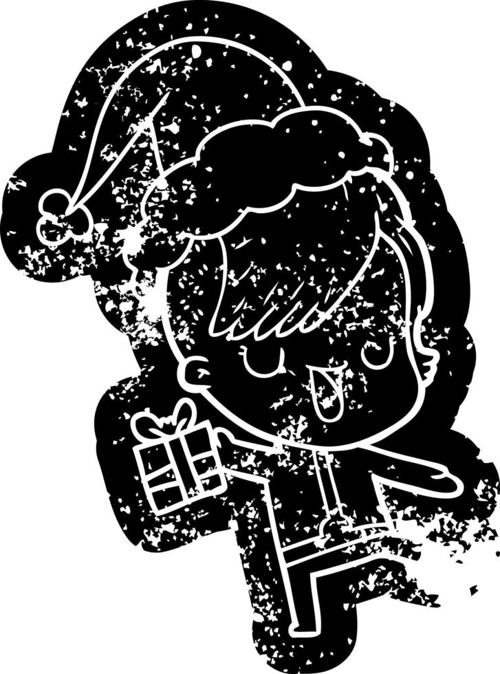 cute cartoon distressed icon of a girl with hipster haircut wearing santa hat vector