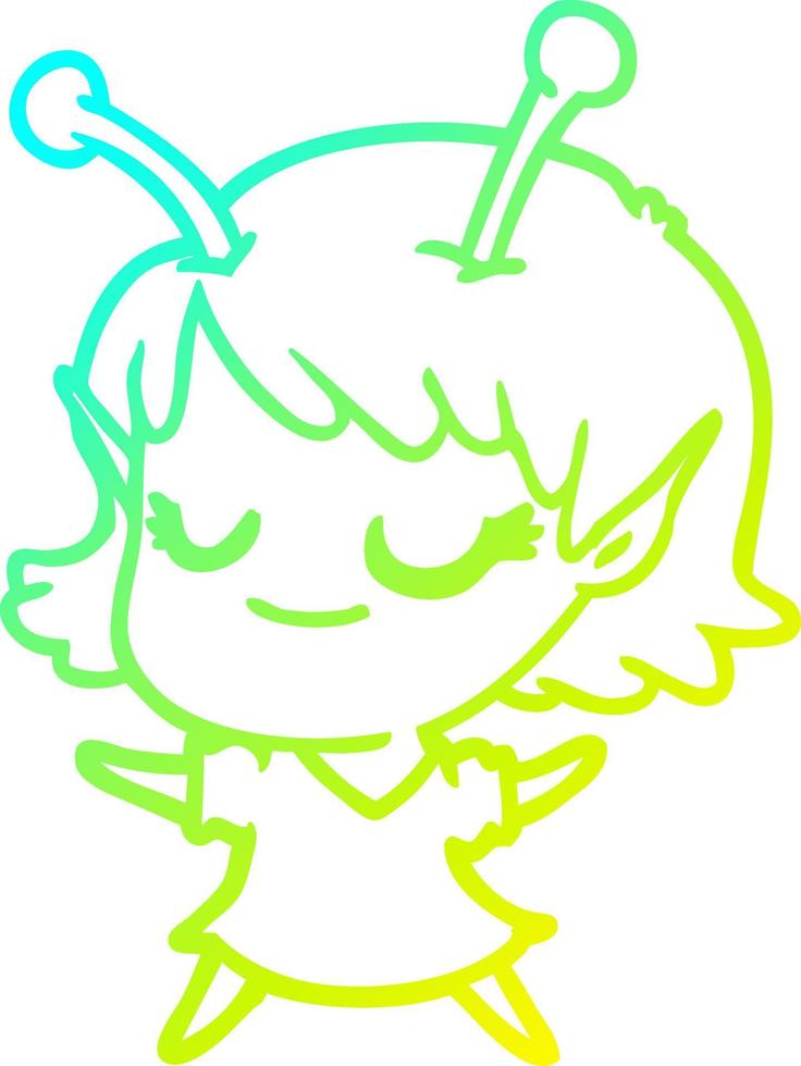 cold gradient line drawing smiling alien girl cartoon vector