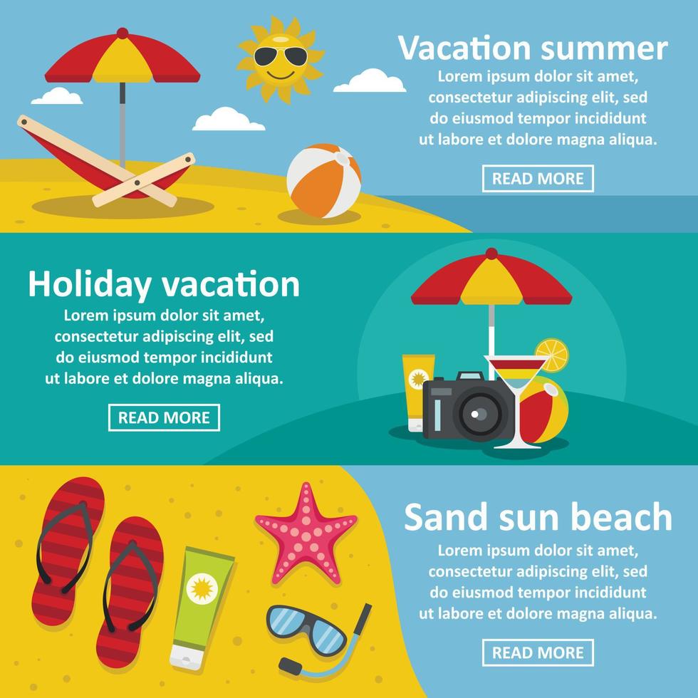 Summer sea rest banner horizontal set, flat style vector