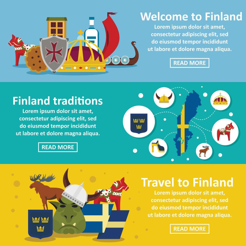 Finland travel banner horizontal set, flat style vector