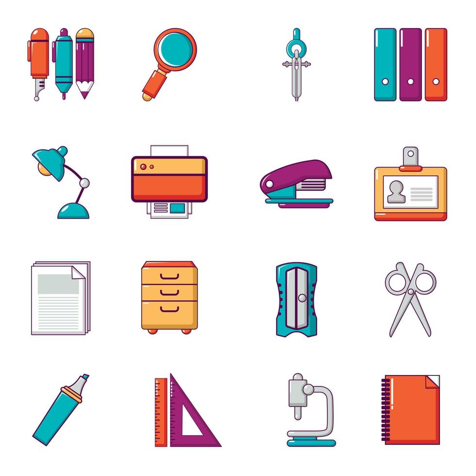 Stationery icons set, cartoon style vector