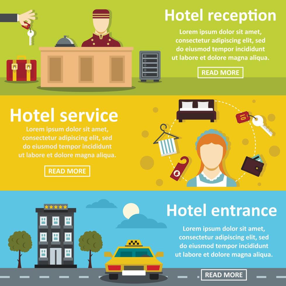 Hotel service banner horizontal set, flat style vector