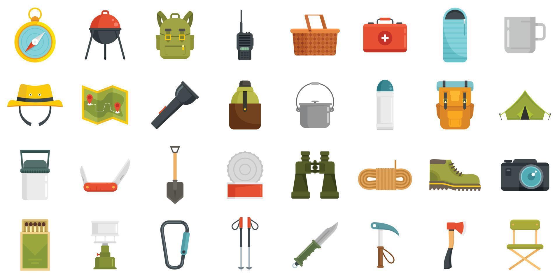 Hiking icons set flat vector isolated