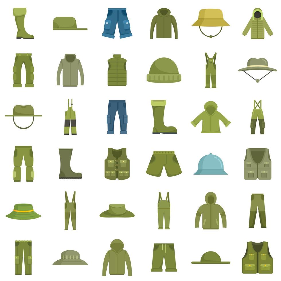 pescador, ropa, iconos, conjunto, plano, vector, aislado vector