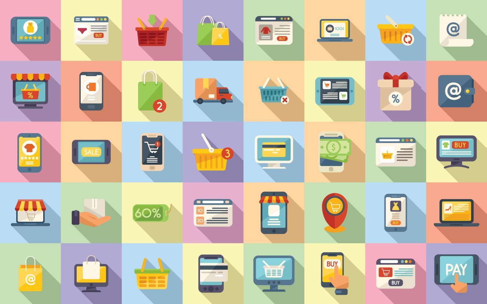 Online shopping icons set flat vector. Shop cart vector