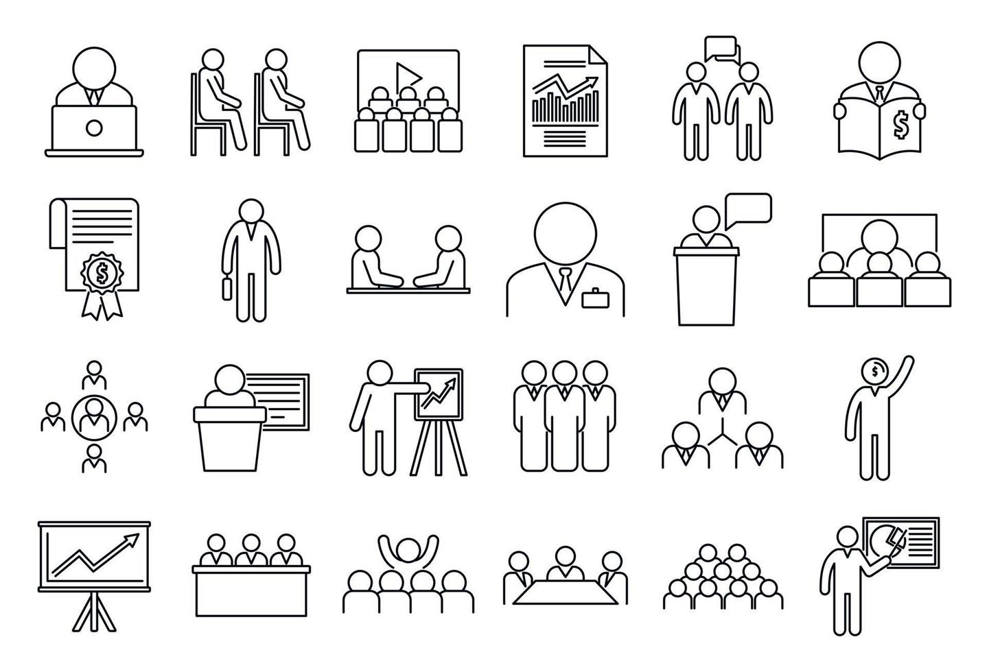 Business training presentation icons set, outline style vector