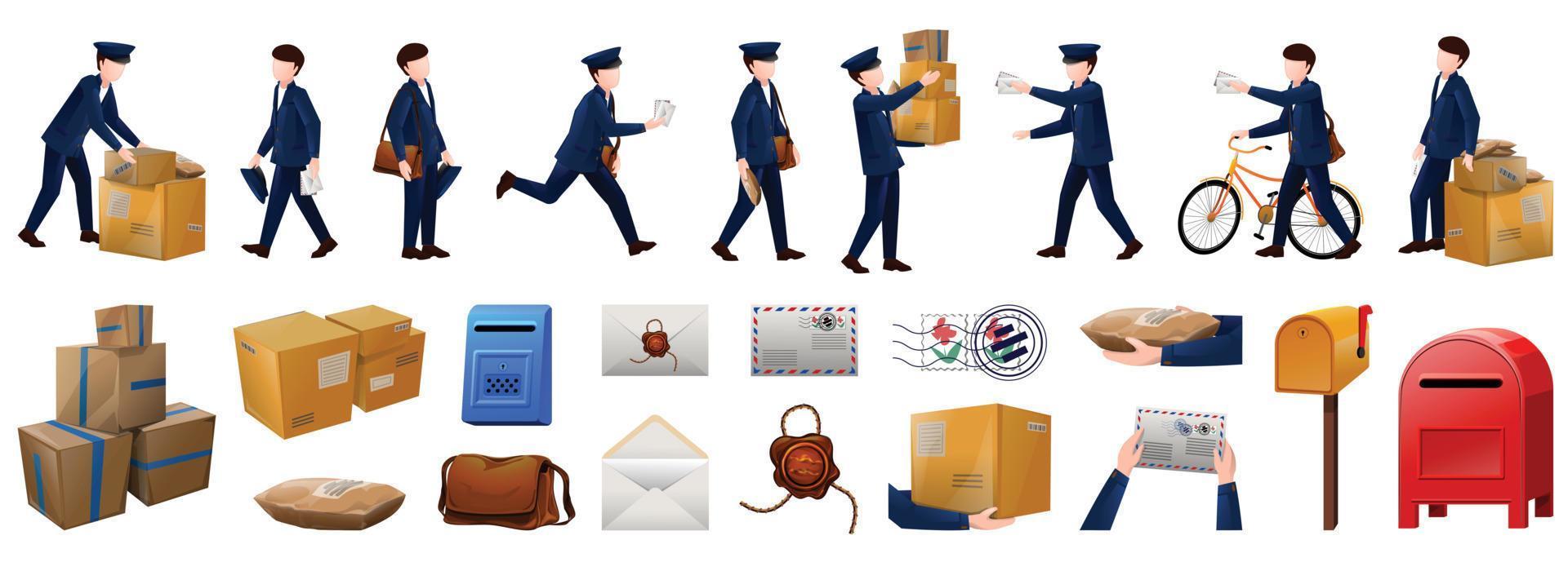 Postman icons set cartoon vector. Mailman carrier vector