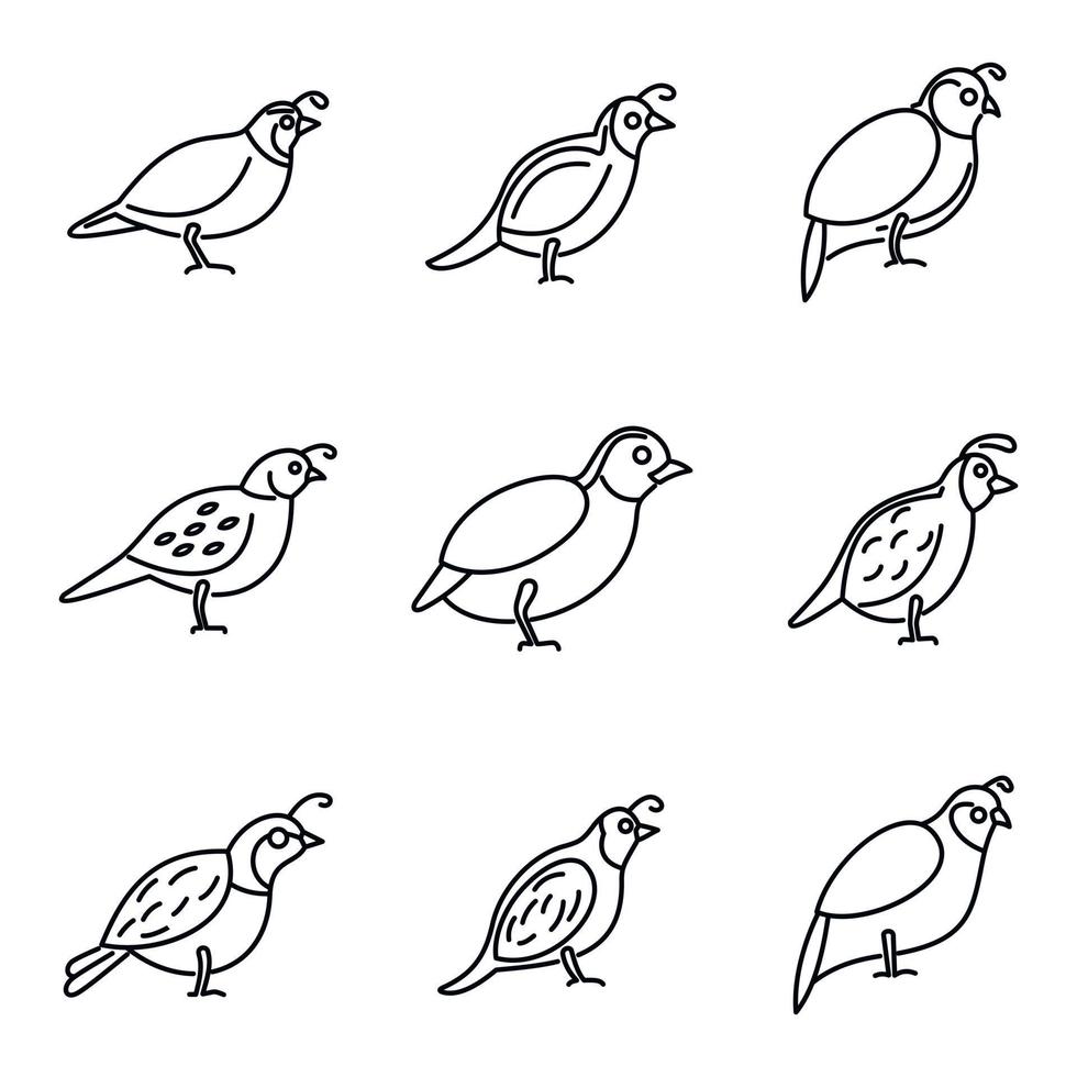 Quail bird icons set, outline style vector