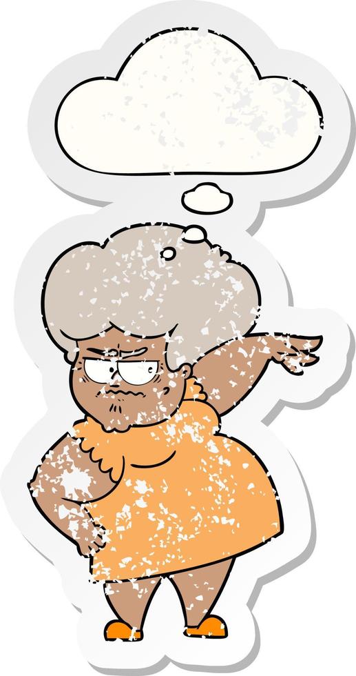 cartoon angry old woman and thought bubble as a distressed worn sticker vector