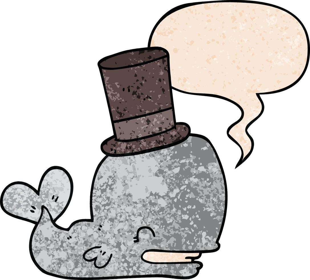 cartoon whale wearing top hat and speech bubble in retro texture style vector