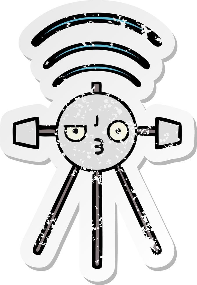 pegatina angustiada de un lindo satélite de dibujos animados vector