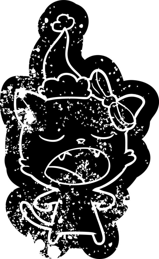 cartoon distressed icon of a yawning cat wearing santa hat vector