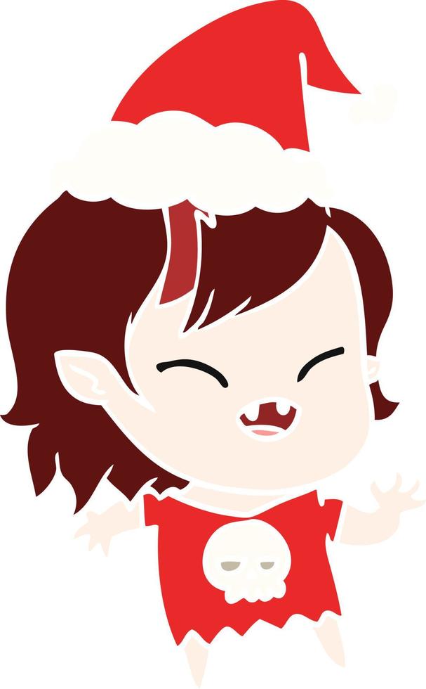 flat color illustration of a laughing vampire girl wearing santa hat vector