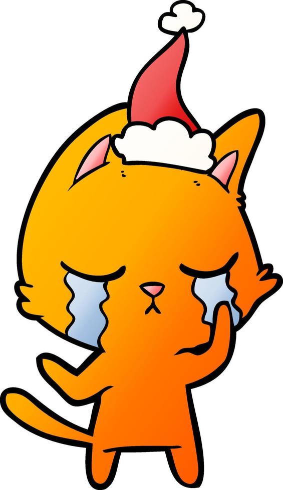 crying gradient cartoon of a cat wearing santa hat vector