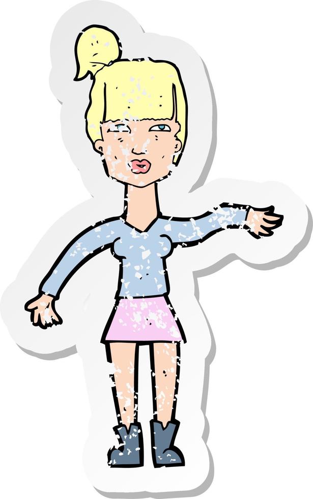 retro distressed sticker of a cartoon woman making dismissive gesture vector