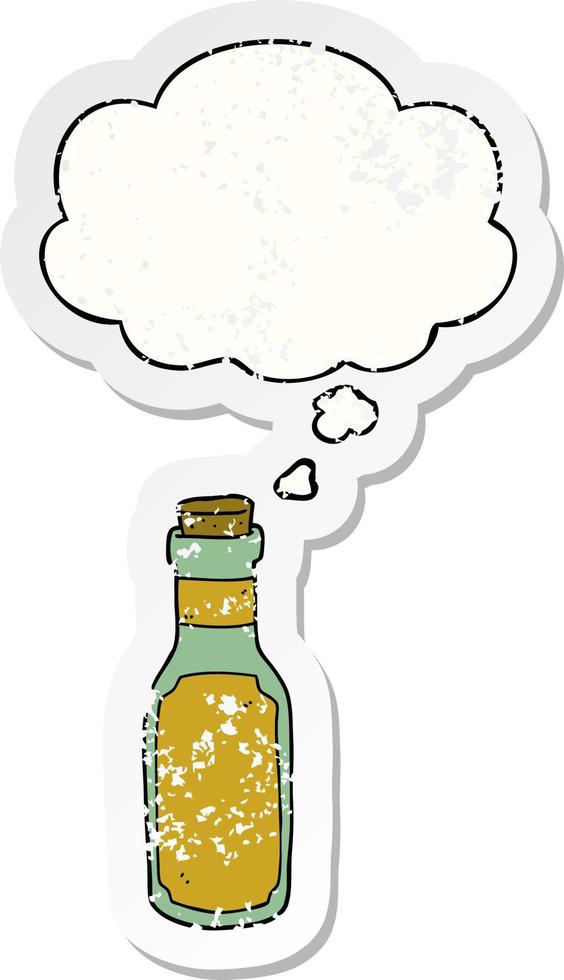 cartoon potion bottle and thought bubble as a distressed worn sticker vector