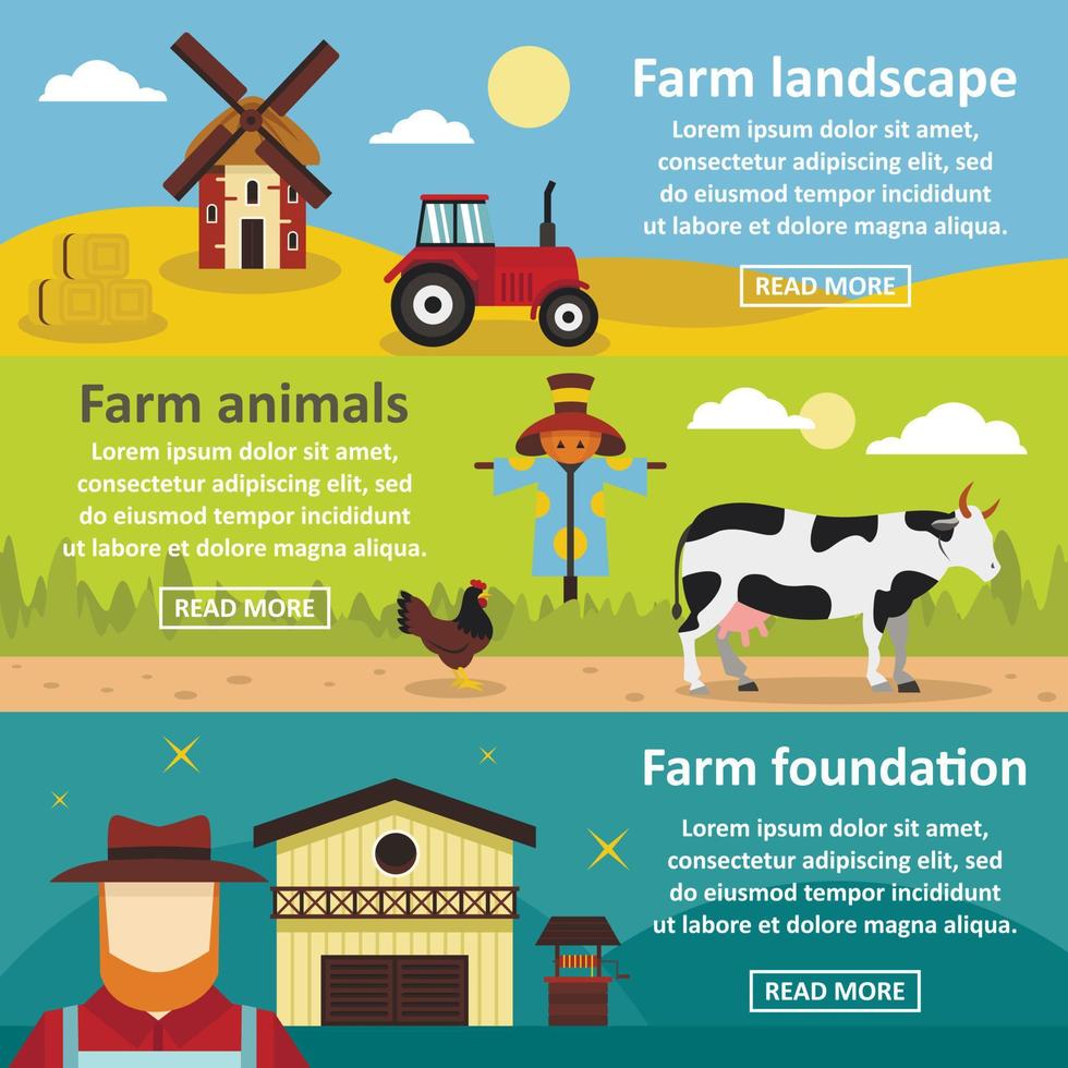 Farm landscape banner horizontal set, flat style vector