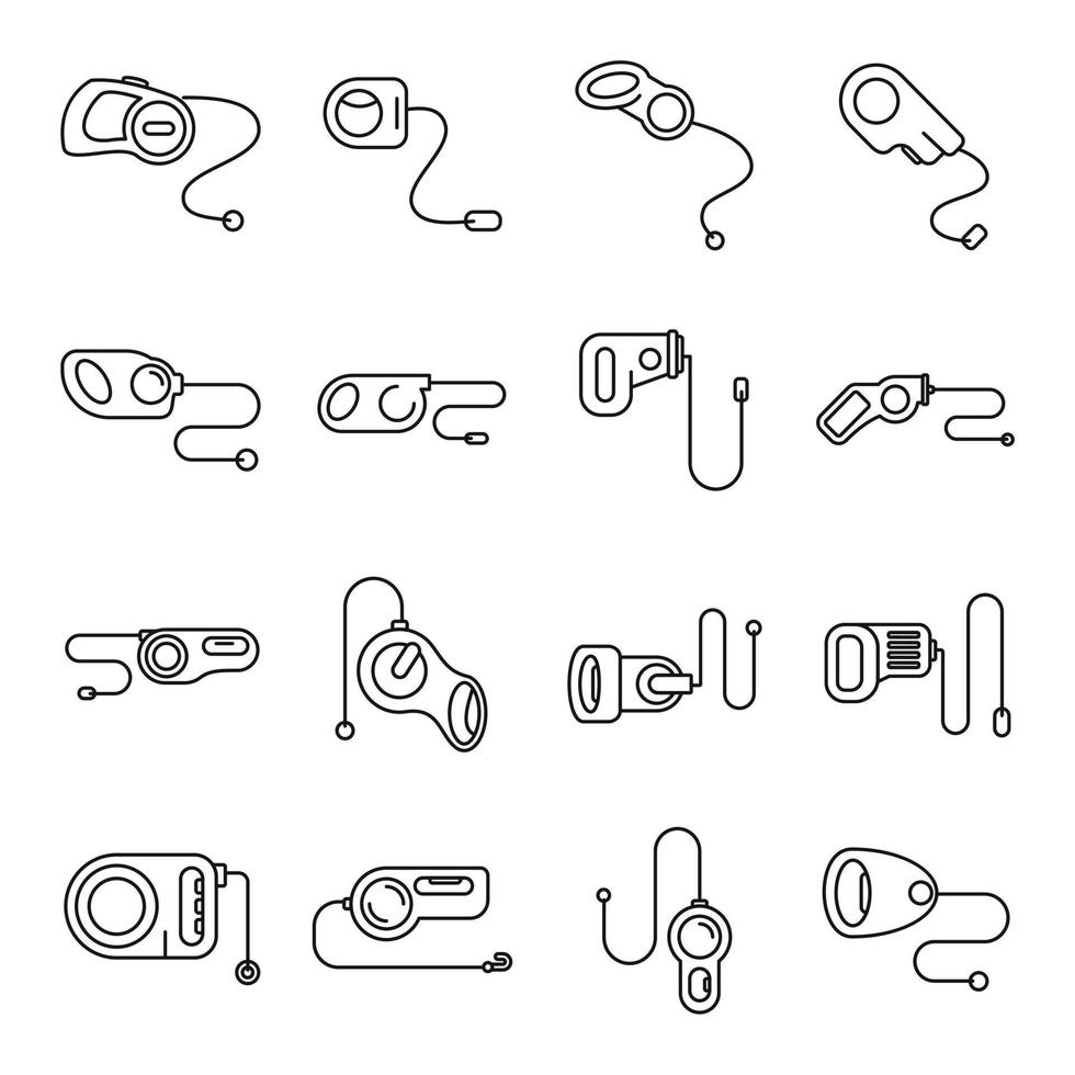 Retractable dog leash icons set outline vector. Animal leather vector