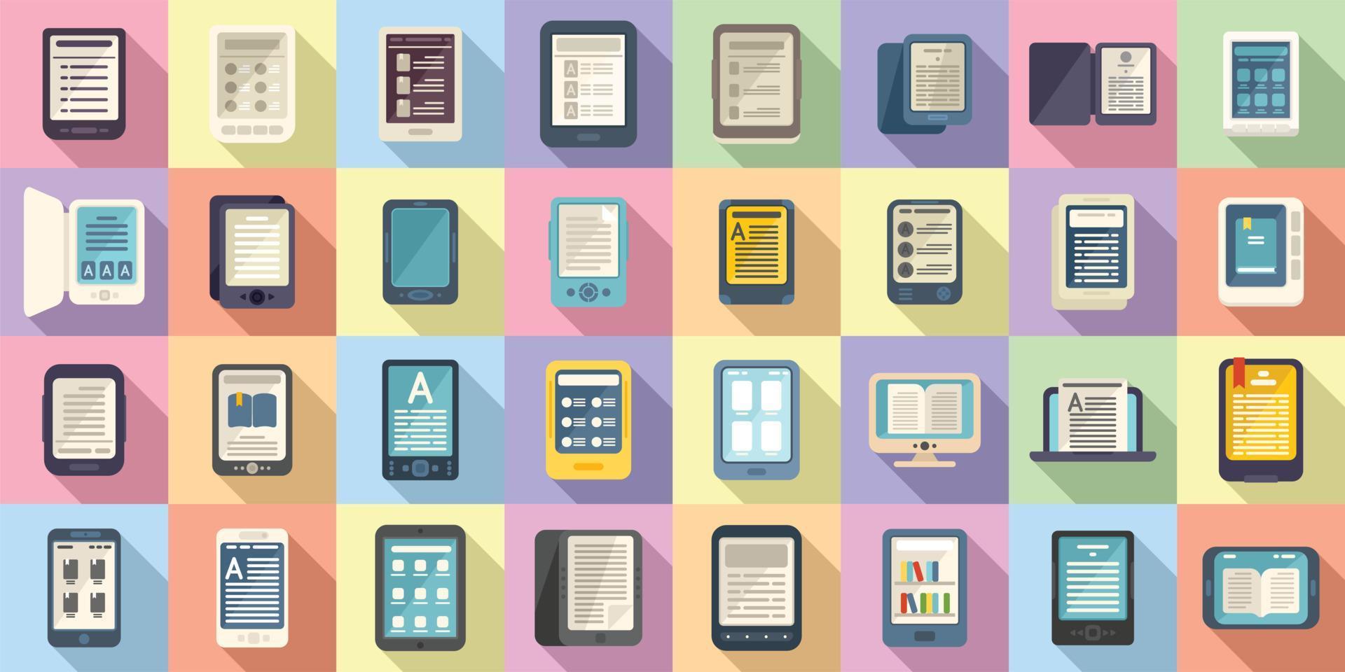 E-book application icons set flat vector. Book reader vector