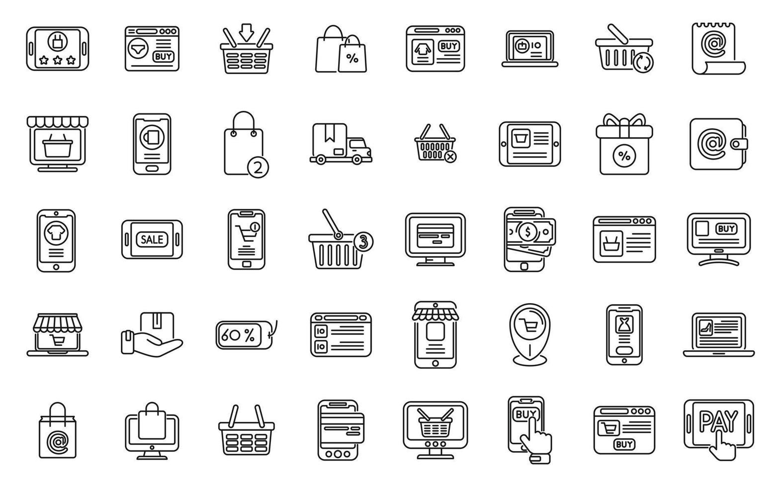 Online shopping icons set outline vector. Shop cart vector