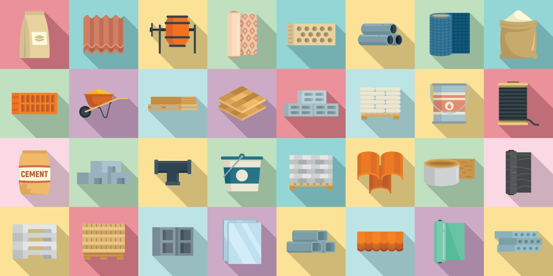 Construction materials icons set, flat style vector